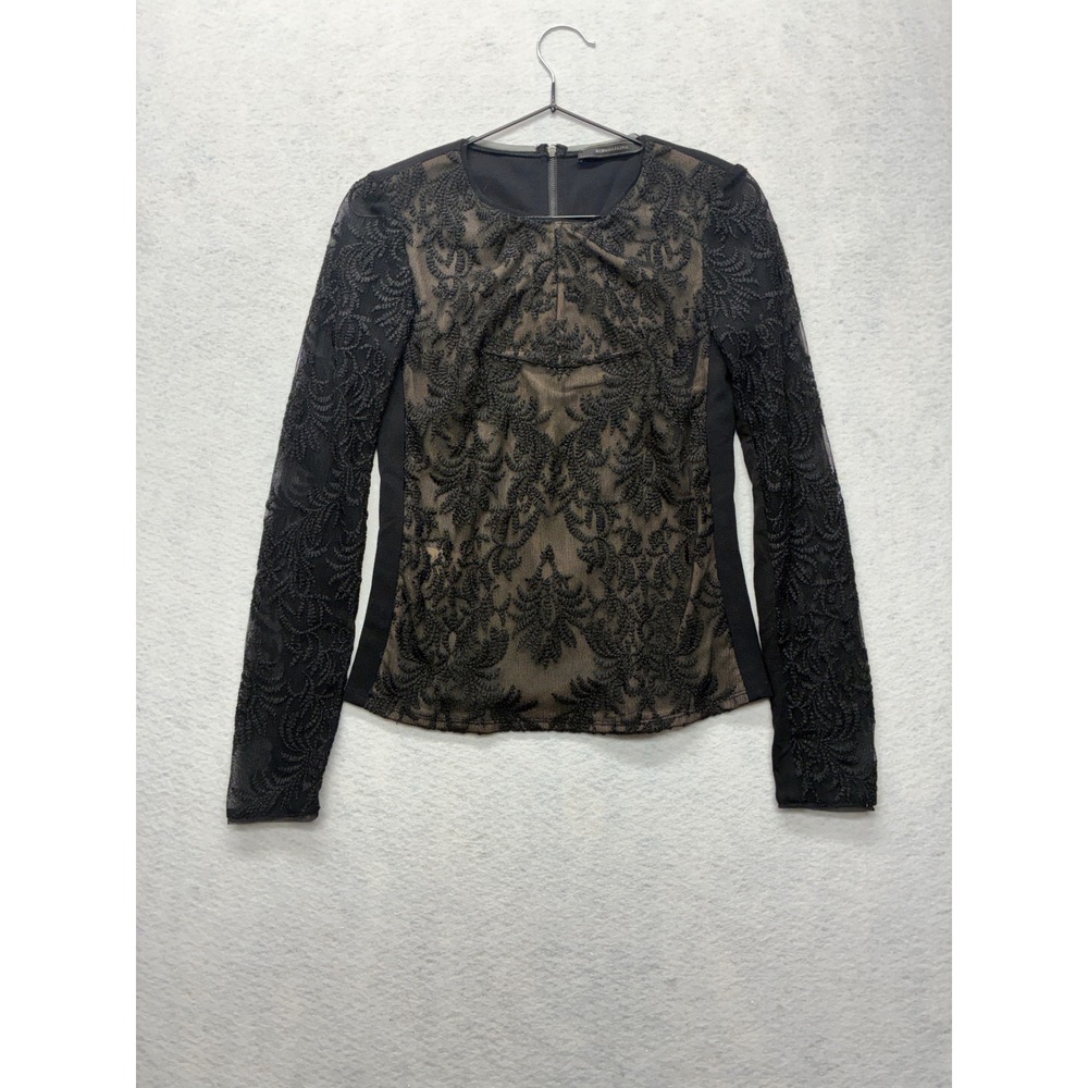 BCBGMAXAZRIA Evening Blouse Lace Gothcore Whimsigoth Embroidered XXS Black